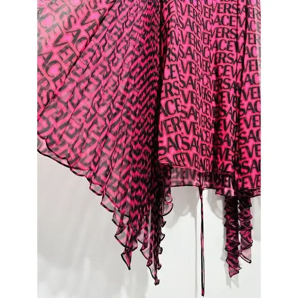 NWT Versace Runway Plisse Silk Dress IT 44 US 8 All Over Logo Red Black $5,425